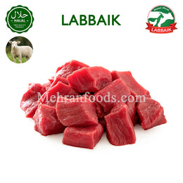 LABBAIK Halal Fresh Lamb Boneless Meat Cubes 800g on a wooden cutting board