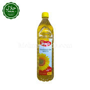 Sunflower oil bottle with a yellow cap on a white background