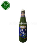LAZZAT Green Chilli Sauce 330g bottle front view